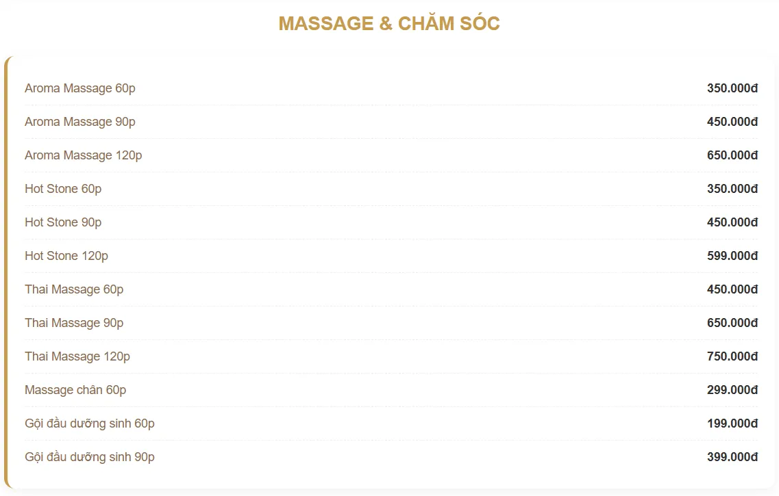 Tham khảo bảng giá gội đầu dưỡng sinh tại Rose 01 Spa – địa chỉ gội đầu gần đây ở Ngũ Hành Sơn Đà Nẵng.