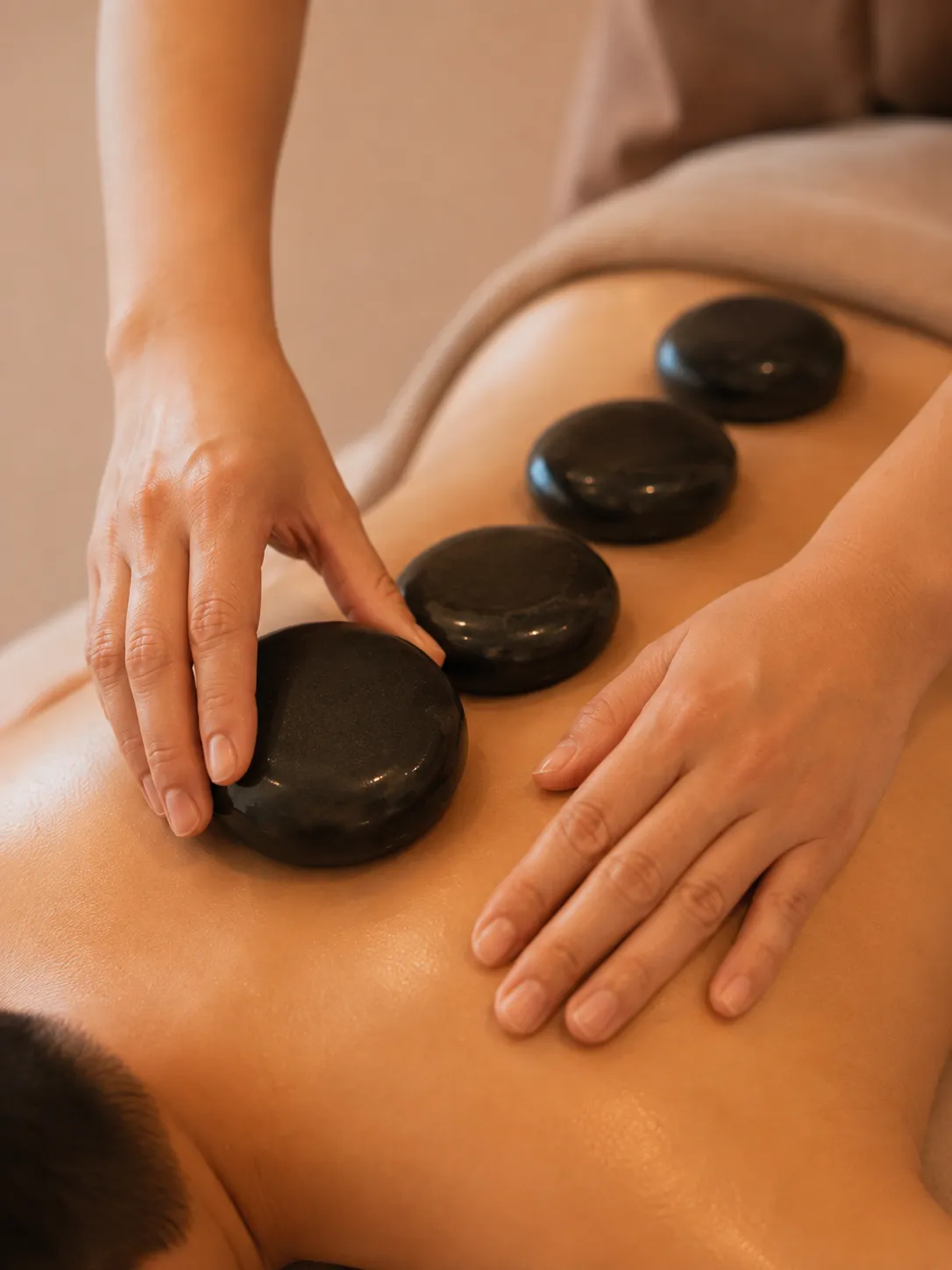 Đá nóng được làm ấm và kết hợp cùng kỹ thuật massage trong liệu trình Hot Stone.