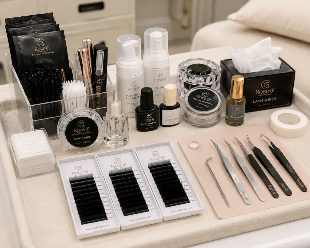 Rose 01 Spa sử dụng dụng cụ nối mi chất lượng cao giúp mi bền đẹp và hạn chế kích ứng.