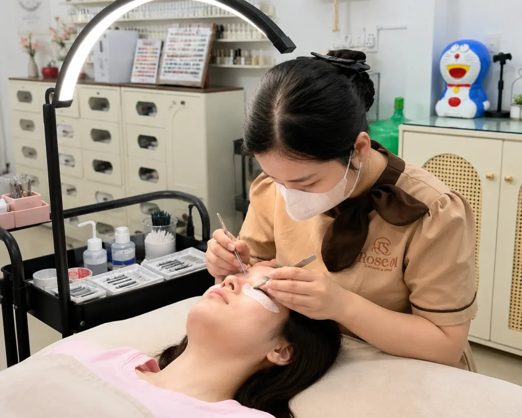Kỹ thuật viên giàu kinh nghiệm thực hiện nối mi tỉ mỉ cho từng khách hàng.