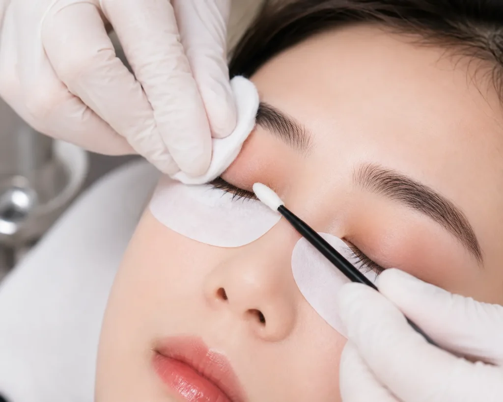 Làm sạch hàng mi trước khi nối giúp keo bám chắc và tăng độ bền của mi.
