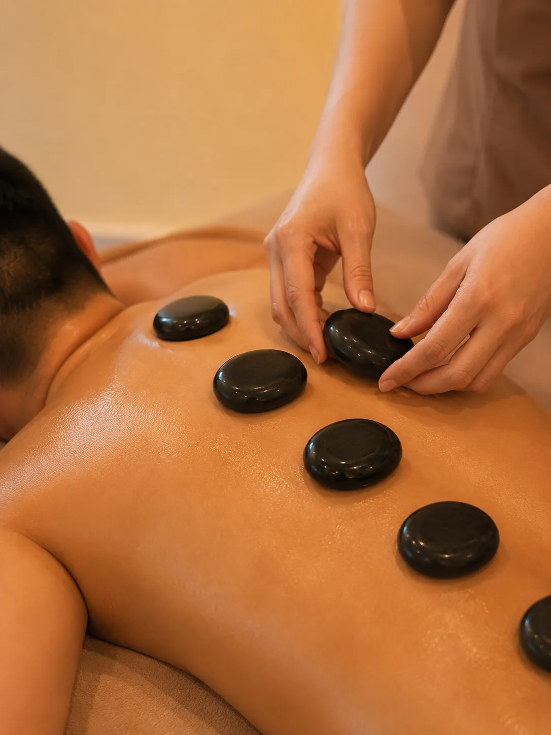 Đá nóng được kết hợp cùng kỹ thuật massage để tạo cảm giác ấm áp, dễ chịu.
