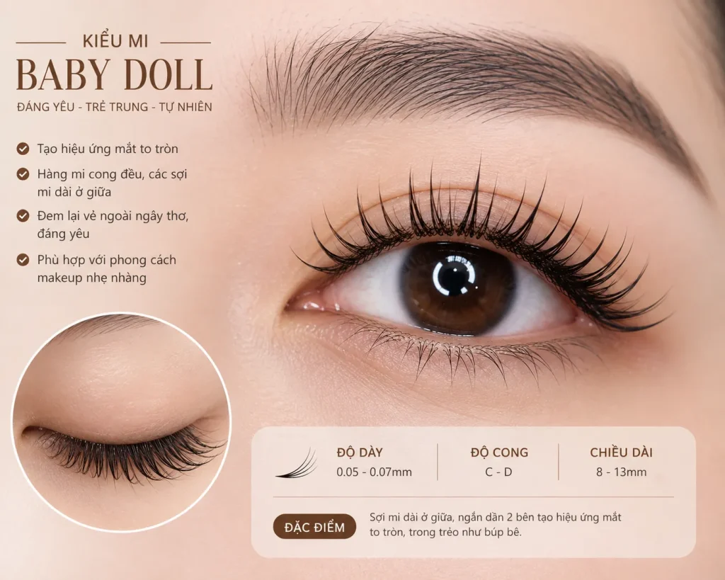Nối mi Baby Doll tạo đôi mắt tròn, dễ thương theo phong cách Hàn Quốc.