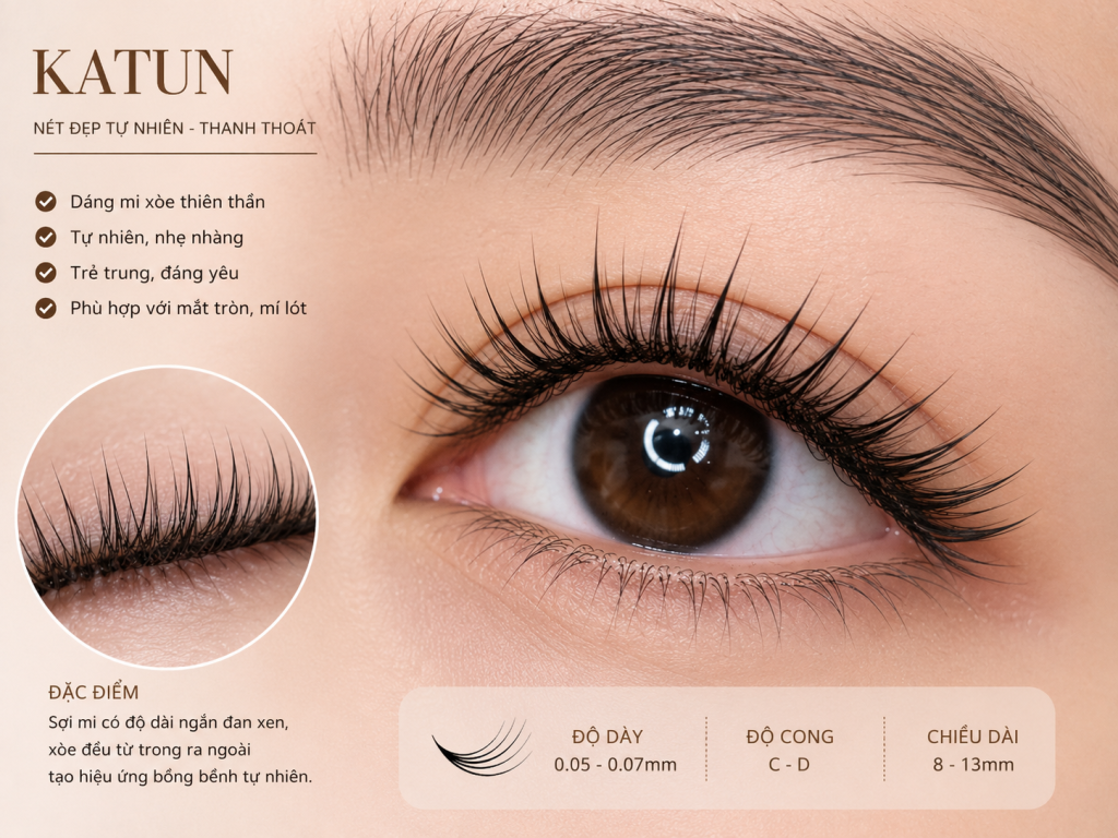 Kiểu nối mi Katun cá tính với hiệu ứng xen kẽ sợi dài ngắn.