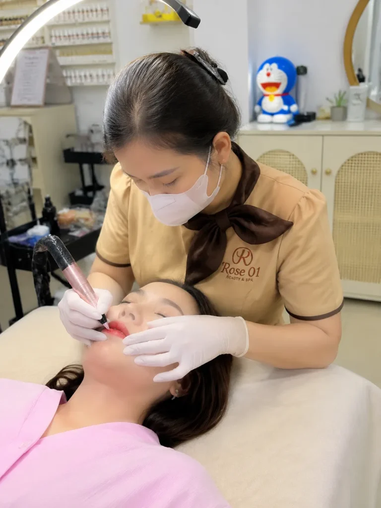 Phun môi sử dụng đầu kim siêu nhỏ để đưa sắc tố vào lớp thượng bì.